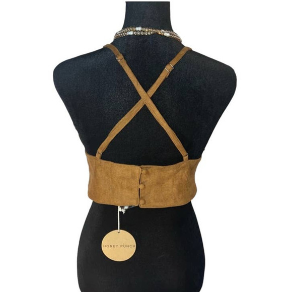 HONEY Punch Vintage Suede Crochet Cut-Out Festival Bralette Criss-Cross Back - Picture 6 of 9